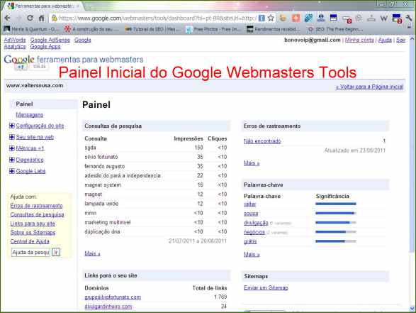 google webmasters tools ferramentas painel inicial