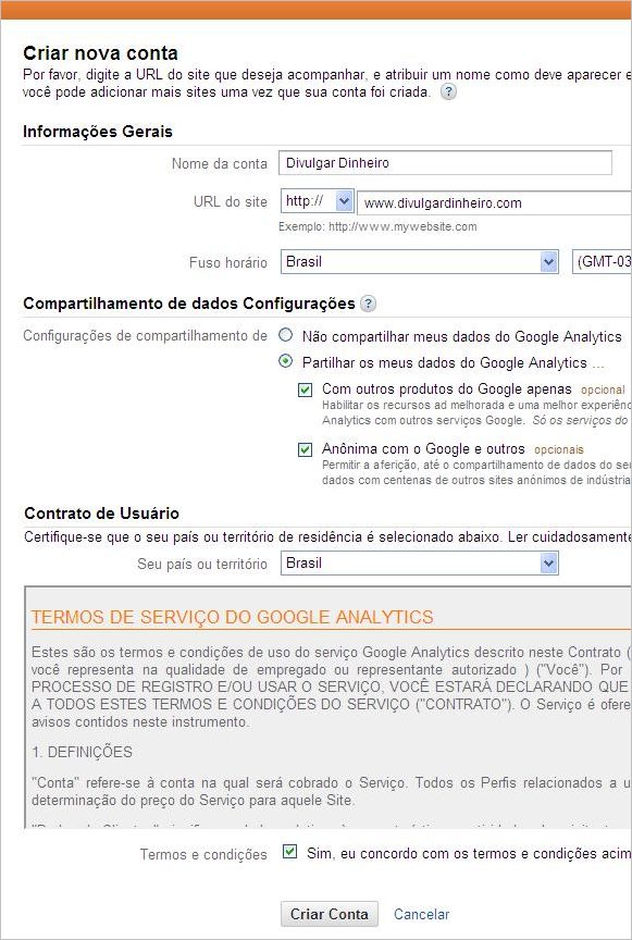 formulário contrato google anlytics