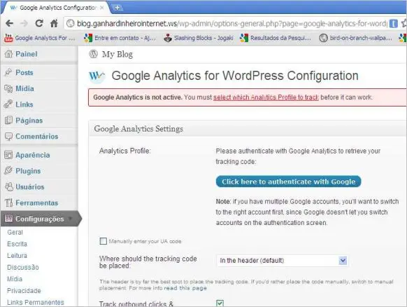 painel plugin google analytics wordpress