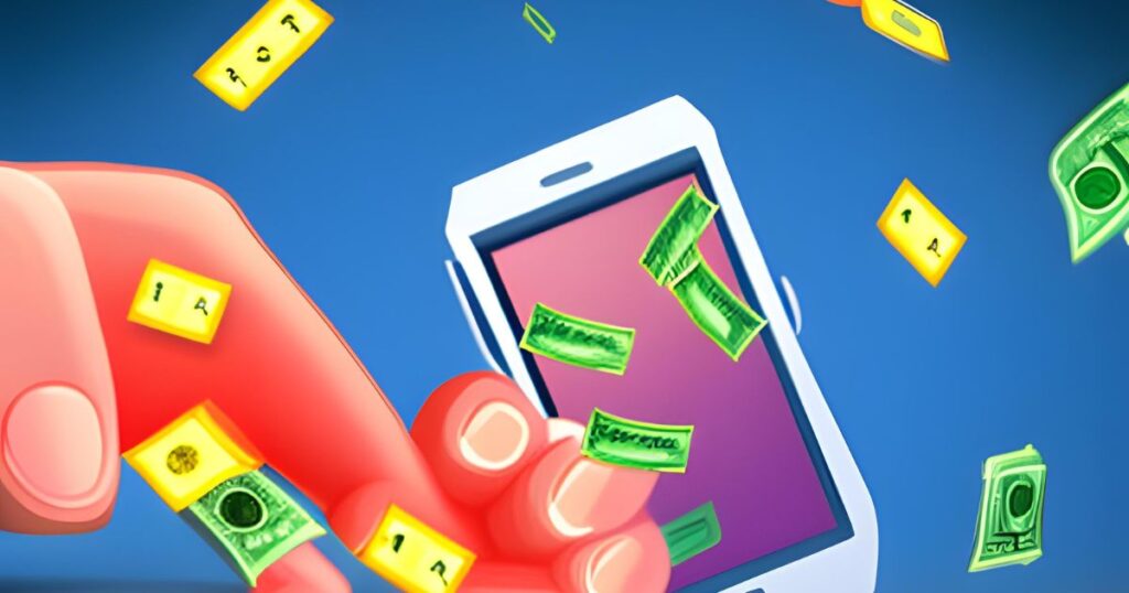 Ilustração de um celular com notas de dinheiro saindo dele, simbolizando as oportunidades de ganhar dinheiro online através do celular - Ganhar dinheiro usando a internet do celular