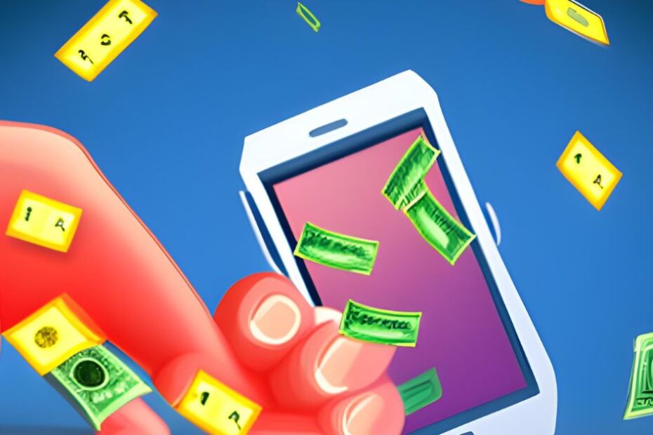 Ilustração de um celular com notas de dinheiro saindo dele, simbolizando as oportunidades de ganhar dinheiro online através do celular - Ganhar dinheiro usando a internet do celular