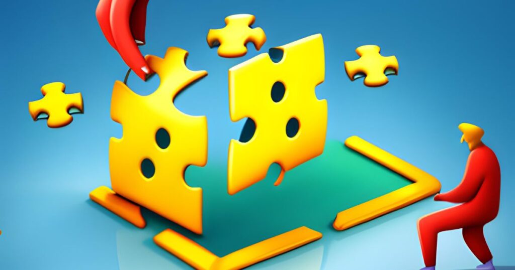 Ilustração de um quebra-cabeça sendo montado, simbolizando a construção de uma franquia online bem-sucedida. A imagem retrata as etapas necessárias para alcançar o sucesso