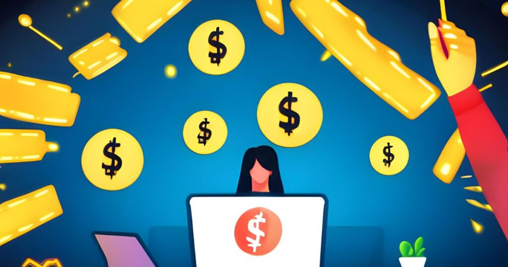 Ilustração de uma pessoa trabalhando em um laptop com ícones de dinheiro e gráficos ao redor, simbolizando as oportunidades de como ganhar dinheiro na Internet