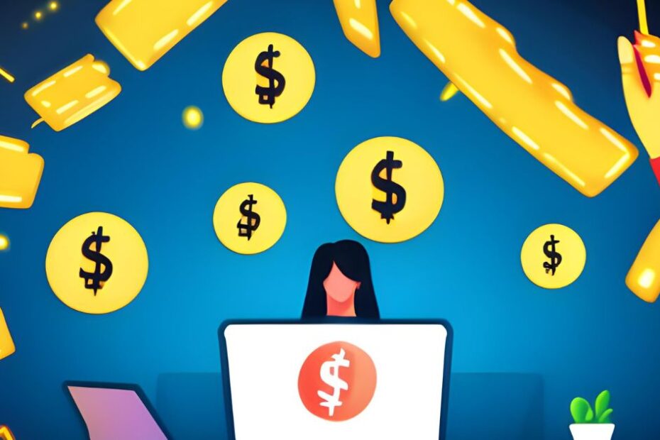 Ilustração de uma pessoa trabalhando em um laptop com ícones de dinheiro e gráficos ao redor, simbolizando as oportunidades de como ganhar dinheiro na Internet