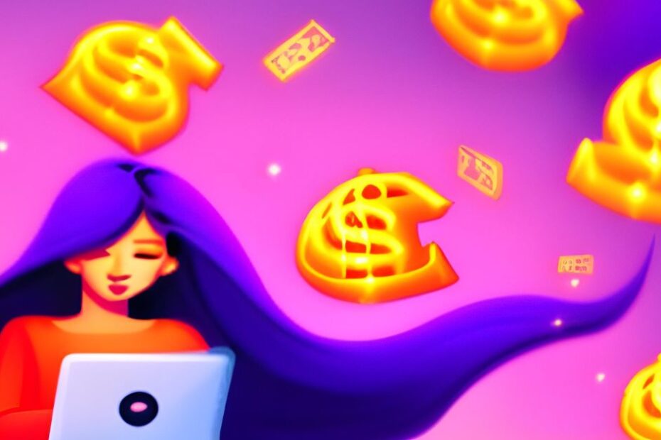 Como Ganhar Dinheiro na Internet Marketing Digital. Ilustração de uma pessoa utilizando um laptop e símbolos de dinheiro, representando as oportunidades de como ganhar dinheiro pela internet marketing digital