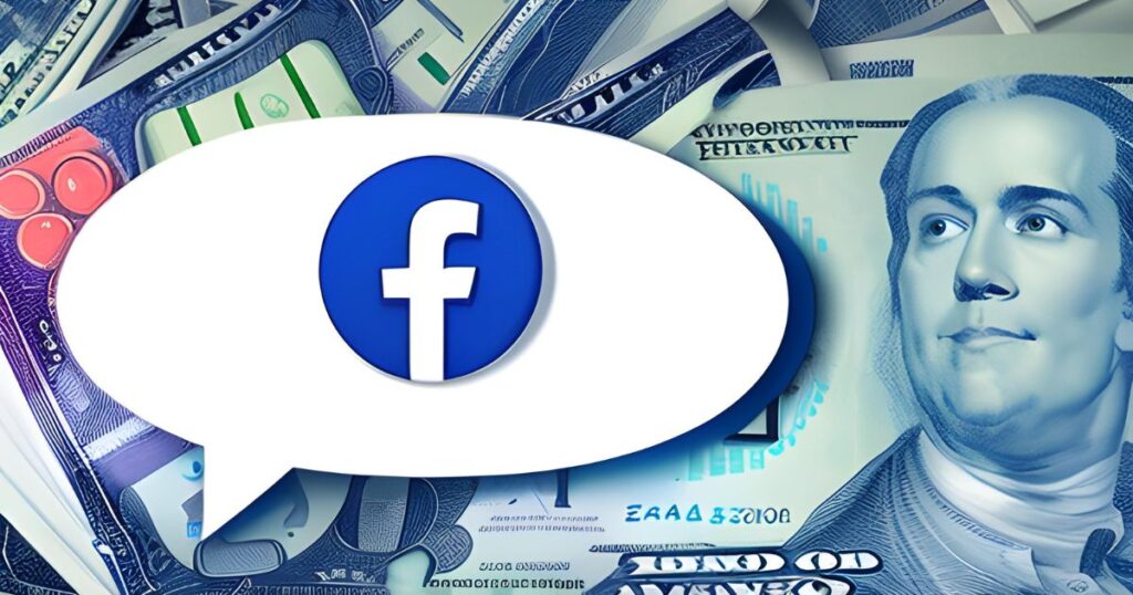 Ilustração representando o Facebook ganhando dinheiro através de estratégias de monetização - Como o Facebook ganha dinheiro - A imagem mostra a marca do Facebook em destaque, rodeada por símbolos de dinheiro e gráficos financeiros, simbolizando o sucesso financeiro da empresa.