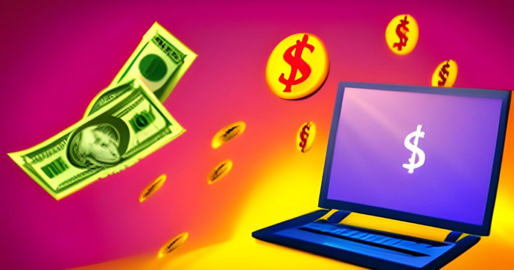 Ilustração representativa das oportunidades de ganhar dinheiro online como afiliado, mostrando um laptop com dinheiro voando, simbolizando como vender online como afiliado
