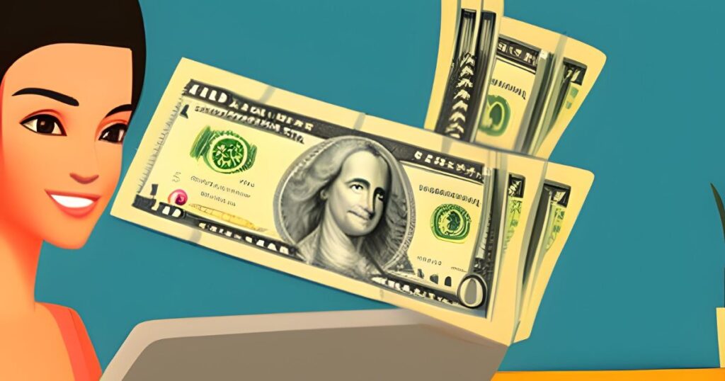 Imagem de uma mulher segurando uma nota de 10 reais enquanto trabalha no computador, simbolizando as oportunidades de ganhar dinheiro com um pequeno investimento - como ganhar dinheiro com 10 reais