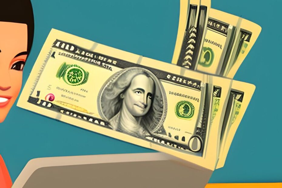 Imagem de uma mulher segurando uma nota de 10 reais enquanto trabalha no computador, simbolizando as oportunidades de ganhar dinheiro com um pequeno investimento - como ganhar dinheiro com 10 reais