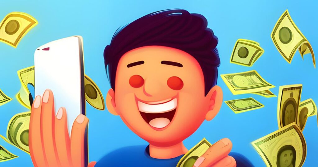 Jovem Adulto Ganhando Dinheiro Online: Imagem de um jovem adulto sorridente segurando um smartphone enquanto ganha dinheiro online. Representa a liberdade financeira conquistada por meio das oportunidades disponíveis na internet.