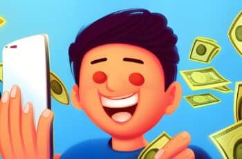 Jovem Adulto Ganhando Dinheiro Online: Imagem de um jovem adulto sorridente segurando um smartphone enquanto ganha dinheiro online. Representa a liberdade financeira conquistada por meio das oportunidades disponíveis na internet.