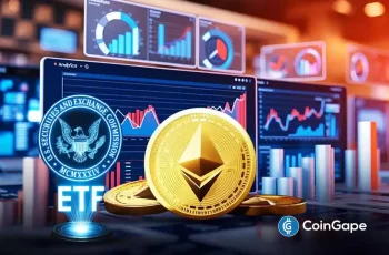 Representação visual de ETFs de Ethereum com moedas douradas, logo da SEC e painéis de análise financeira ao fundo