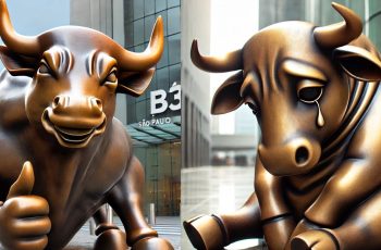 Um touro da B3 triste, ao lado esquerdo e um feliz ao direito, para exemplificar as quedas e altas do Ibovespa
