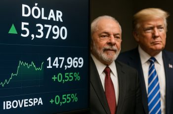 Lula e Donald Trump diante de painel da B3 com dados do Ibovespa e dólar em queda após reunião presidencial