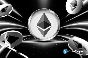 Ilustração de moeda de Ethereum em prata com logo centralizado, cercada por outras moedas de ETH em fundo preto com efeitos de luz.