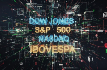 Ibovespa encerra em alta de 0,77%, aos 144.509,32 pontos 8 Painel digital com “Dow Jones, S&P 500, Nasdaq, Ibovespa” representando alta do mercado