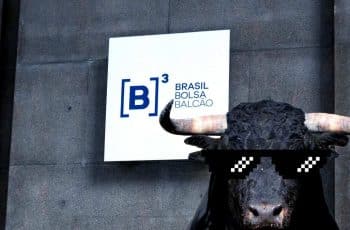 Montagem com touro na frente do prédio da B3, a bolsa brasileira
