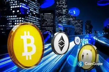 Renderização 3D mostrando moedas físicas de Bitcoin, Ethereum, Cardano e Dogecoin em destaque sobre cidade iluminada à noite