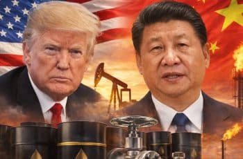 Donald Trump e Xi Jinping em montagem digital com bandeiras dos Estados Unidos e da China ao fundo, barris de petróleo e estruturas industriais simbolizando energia e comércio internacional.