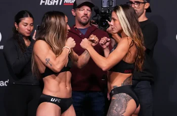 Talita Alencar enfrenta Julia Polastri em combate feminino no UFC Vegas 116, com Polastri como favorita a vencer por finalização 8 LAS VEGAS, NEVADA - APRIL 24: (L-R) Opponents Talita Alencar of Brazil and Julia Polastri of Brazil face off during the UFC weigh-in at Meta APEX on April 24, 2026 in Las Vegas, Nevada. (Photo by Jeff Bottari/Zuffa LLC)