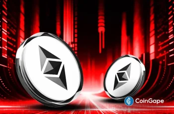Ethereum recua 0,7% e é cotado a US$ 2.349 após depósito de US$ 396 milhões na Binance 2 Duas moedas de Ethereum em fundo vermelho com linhas digitais, representando queda no mercado cripto.