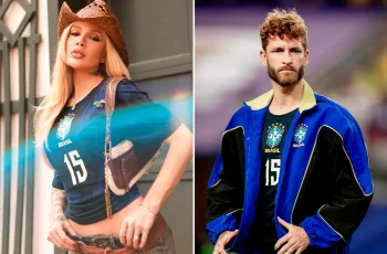 Karoline Lima usa camiseta de Léo Pereira e anel em jogo do Brasil, levantando rumores de noivado 8 Karoline vê jogo do Brasil com camisa de Léo Pereira e anel surpreende