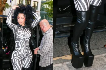Cardi B brilha em desfile de alta-costura com bodysuit de estampa animal e botas dramáticas em Paris 11 Cardi B is seen arriving at her hotel on July 8, 2026 in Paris, France.