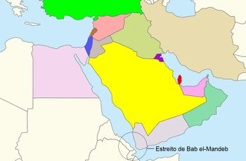 Mapa do Oriente Médio com Estreito de Bab el-Mandeb, no Mar Vermelho, em destaque