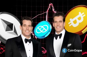 Bitcoin é transferido para a exchange Gemini por gêmeos Winklevoss em movimentação de US$ 60 milhões 1 Cameron e Tyler Winklevoss ao lado dos logotipos de bitcoin, ethereum e Gemini.