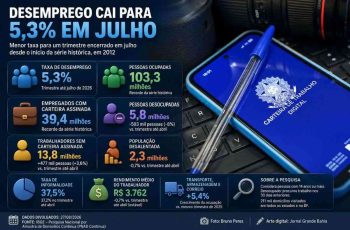 Taxa de desemprego atinge 5,3% no trimestre encerrado em julho de 2026, menor nível desde 2012, segundo IBGE 12 Desemprego cai para 5,3% no trimestre até julho de 2026, menor taxa para o período desde 2012