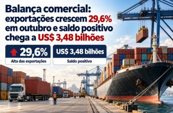 Balança comercial registra superávit de US$ 3,48 bilhões no início de outubro, com crescimento de 29,6% nas exportações 7 Balança comercial: exportações crescem 29,6% em outubro e saldo positivo chega a US$ 3,48 bilhões