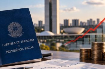 Taxa de desemprego no Brasil deve alcançar 6,8% em 2027, segundo FMI 4 Carteira de Trabalho brasileira sobre uma mesa com gráficos econômicos e moedas, diante do Congresso Nacional, em Brasília.